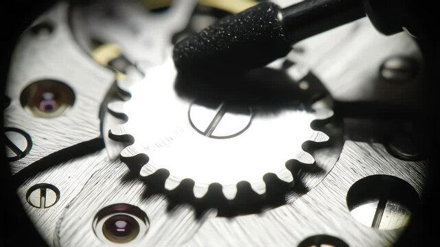 Macro shot of a watchmaker cleaning a gear in a mechanical watch movement with a swab demonstrating precision horology repair