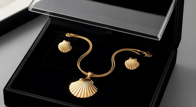 Elegant gold shell pendant and earring set in velvet display box