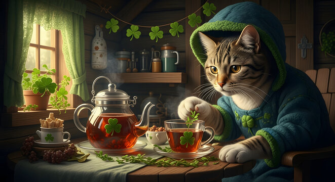St. Patrick's Day Cat Tea Party: A whimsical cat, dressed in a festive outfit, prepares tea with a St. Patrick's Day theme, surrounded by charming decorations and treats.