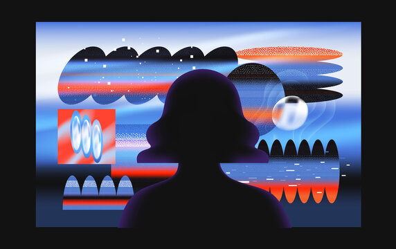 Human silhouette observing abstract digital data patterns