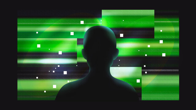 Human silhouette facing green digital data flow
