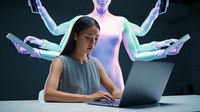 AI Workforce Integration illustrates a focused woman diligently working on her laptop, augmented by a multi-armed digital assistant, representing advanced efficiency in a modern, dark setting.