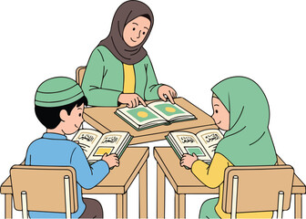 A Muslim woman teaches a boy and girl reading quran in a classroom. Perfect for education, learning materials, and religious studies.