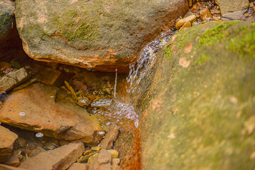 Calm River Scenery. Serene Natural View Showcasing Gentle Flowing Water Alongside Mossladen Stones And Peaceful Surroundings