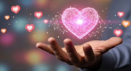 Hand holding a floating digital heart icon to represent social media engagement and positive brand sentiment analysis.