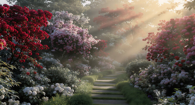 Serene Garden Pathway with Blooming Flowers and Sun Rays.