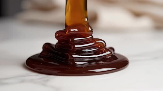 Thick dark molasses slowly pours and pools on a marble surface