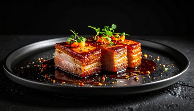 Crispy glazed pork belly cubes with microgreens on black plate
