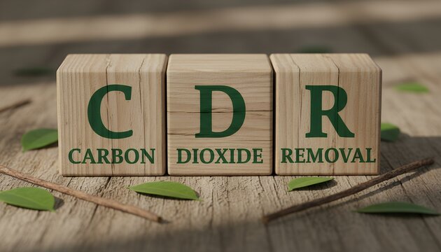 Three wooden cubes spelling out CDR representing carbon dioxide removal are arranged on a textured wooden surface with fallen leaves and twigs climate change environment sustainability