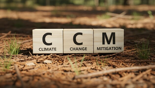 Wooden blocks spelling CCM for Climate Change Mitigation are arranged in a forest floor with natural lighting and green grass global warming environment sustainability earth nature