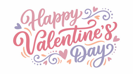 Obraz premium Happy Valentine’s Day typography with ornamental swirls and heart elements. Flat vector illustration with a gentle romantic and cheerful mood
