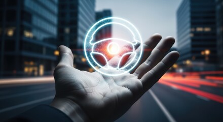 Hand holding a glowing steering wheel icon to represent driving the company forward and controlling business direction.