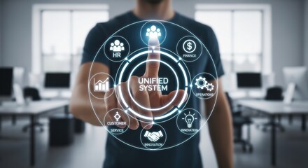 Hand interacting with a circular interface of icons representing different departments like HR, Finance, and Sales in a unified system.