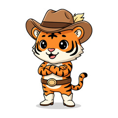Cartoon Style Adorable Tiger Cowboy Standing Confidently with Crossed Arms Illustration