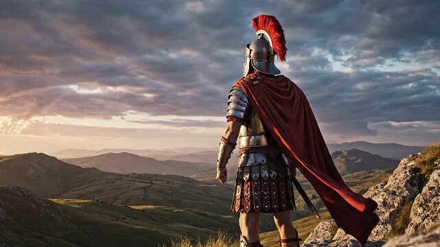 Roman Centurion on Hilltop Overlooking Landscape at Dusk
