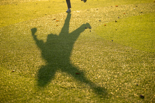 Playful shadow movement on green grass in a public park