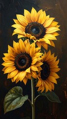Vibrant sunflowers stand tall against a textured, dark backdrop, their petals glowing with warmth and natural beauty