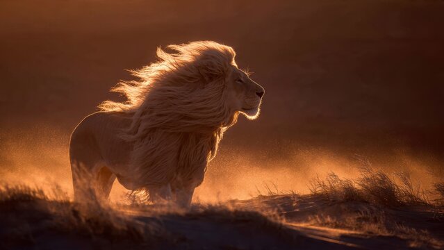 Majestic Lion Silhouette in Sunset Light Capturing the Essence of Wilderness and Strength in a Serene Natural Setting