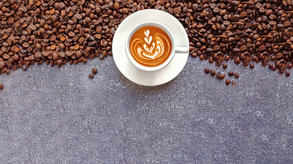 Coffee banner, cup of coffee with coffee beans on dark background, top view with space for text