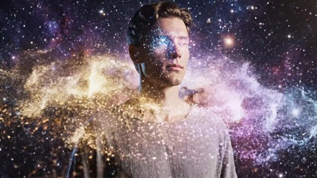 Futuristic Man Surrounded by Cosmic Energy Particles and Nebula Light Creating Cinematic Sci Fi Portrait of Power Imagination and Digital Universe
