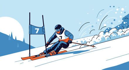 Illustration of a skier in a blue and orange uniform navigating a slalom course with a flag marker on a snowy slope.