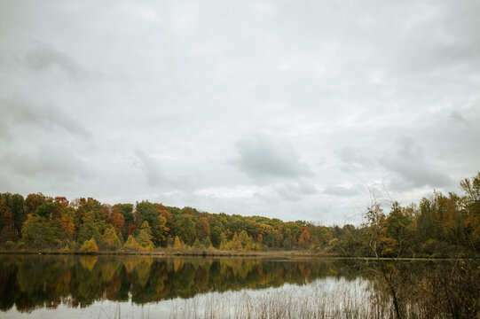 fall michigan cloudy lake scene