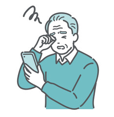 スマホを見て目をこする高齢男性のイラスト（白内障・緑内障・老眼）