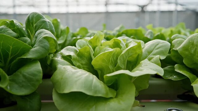 Lush green butterhead lettuce leaves growing in rows inside industrial greenhouse under soft natural light representing organic farming and harvest