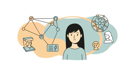 Illustration of a woman with a network and data visualization icons in a modern graphic design with a professional and technological mood.