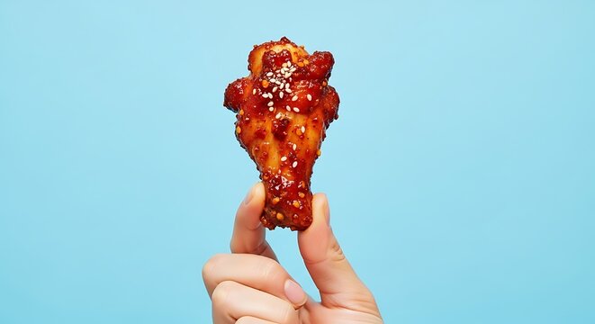 Hand holding spicy chicken wing