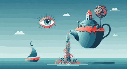 Illustration of a surreal scene with a teapot pouring gears, an eye, and a sailboat on a body of water under a blue sky with clouds.