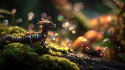 Naklejka premium Magical Miniature Dragon in Enchanting Forest with Glowing Moss and Sparkling Bubbles Captures Fantasy and Imagination