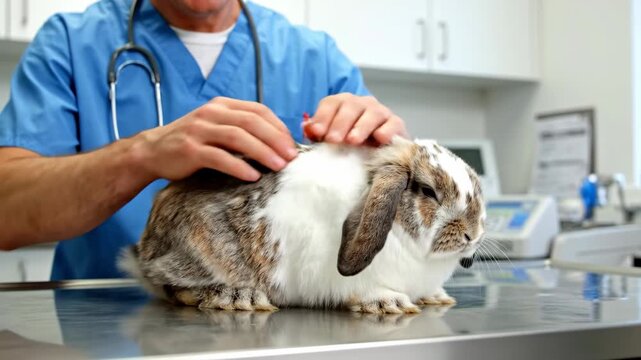 Veterinarian examining a cute rabbit on a stainless steel examination table in clinic.