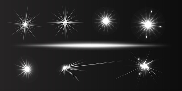 Light flare, white beam glow, sparkling flash. Abstract sparkle explosion elements with clean light beams and soft glow accents on transparent grid, suitable for digital compositions.
