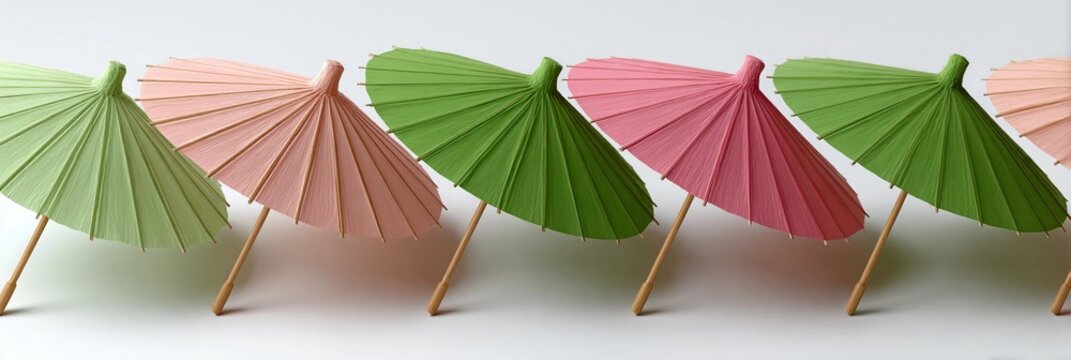 A row of paper paper umbrellas in various colors