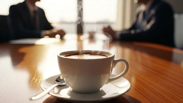Coffee Break: A steaming cup of coffee sits on a polished table, hinting at a moment of pause during a crucial business meeting. The sunlight streaming through the window softly illuminates the scene.