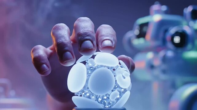 AI Workforce Integration is beautifully represented by a human hand interacting with a glowing futuristic orb amidst a smoky, vibrant digital realm, suggesting innovation and collaborative progress.