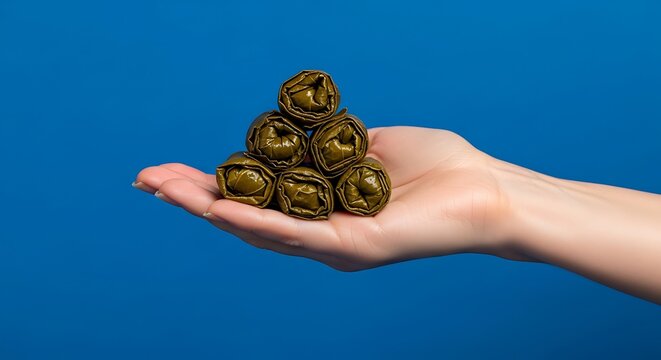 Hand holding stuffed grape leaves
