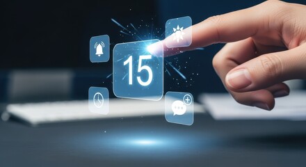 Macro shot of a finger tapping on a floating calendar date to schedule an appointment with reminder alerts