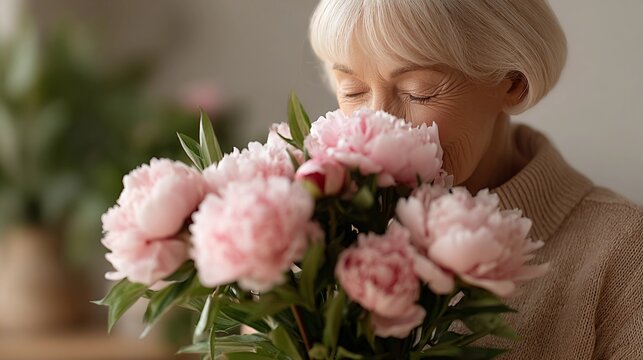 A old woman is smelling a bouquet of pink flowers