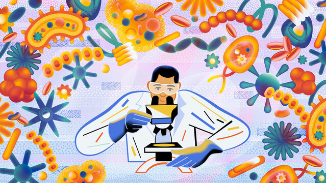 Scientist examining microorganisms with microscope illustration