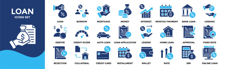 Loan icon set collection. Containing mortgage, borrow, interest, debtor, credit score, lender, installment, rate, lending