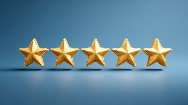 Five golden stars representing top performance on a blue background show high customer satisfaction and excellent service quality