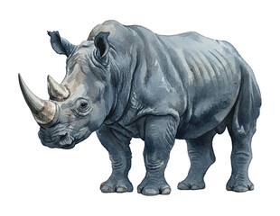 Obraz premium Majestic Grey Rhinoceros Watercolor Illustration Standing Calmly with Two Horns on White