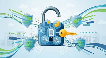 Obraz premium Secure digital padlock with key and shields representing online protection and cybersecurity