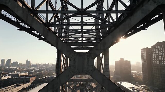 Sunlight streams through the intricate metal framework of a bridge, overlooking a hazy city