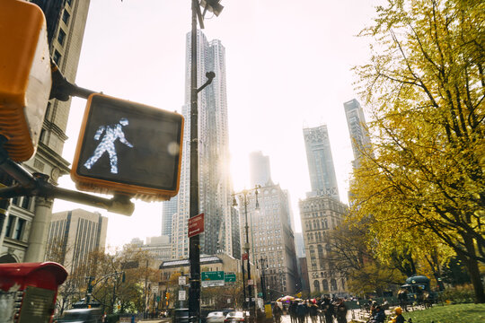 Walk Signal and Autumn Skyline in Lower Manhattan