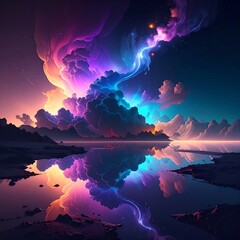 Vivid reflection of aurora borealis style clouds over a still body of water at dusk/dawn