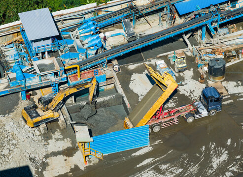Concrete batching plant with excavator and dump truck