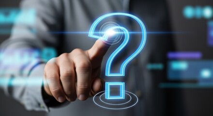 Male hand touching a glowing question mark to access help menus and troubleshooting guides.